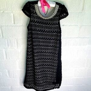 Monteau Girl Black Lined Bejewel Diamond Cap Sleeve Dress sz M 10 / 12